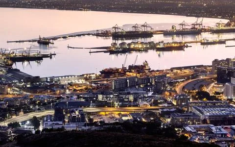 Dawn view of Table Bay Harbor as viewed from Signal Hill Stock Photos