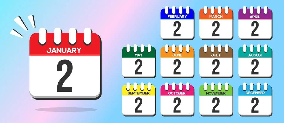 Day 2. Calendars with the 2st of each month Stock Illustration