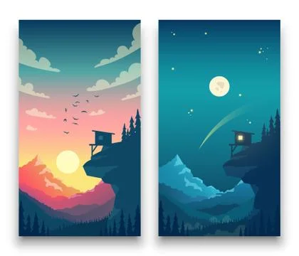Day and night flat vector mountain landscape with moon, sun and clouds in sky イラスト素材