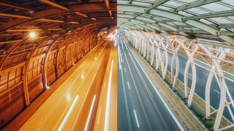 Day and night half split framed time-lapse traffic light trails city highway Stock Footage 310066361