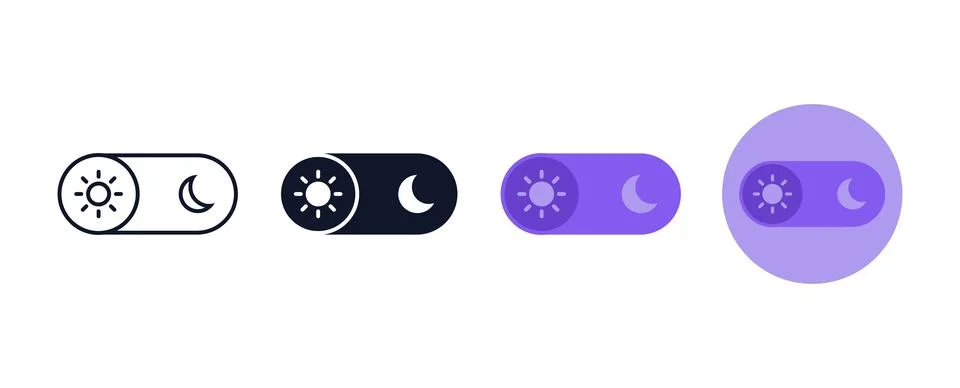 Day and night mode toggle switch ui icons in four distinct graphic styles f.. Stock Illustration