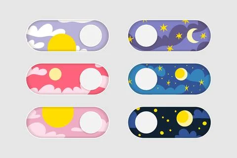 Day and night switch. Summer morning button. 3d UI regulator. Gradient phon.. Illustrazione stock