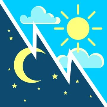 Day and night vector contrast concept with sun moon flat icons Illustrazione stock
