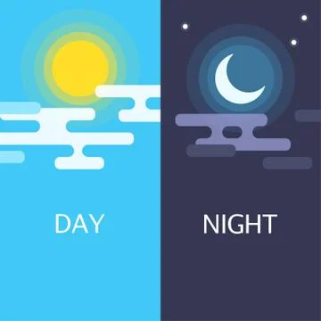 Day and night vector flat illustrations or banners. Sun and Moon. Stock Illustration