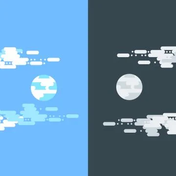 Day and night vector flat illustrations or banners. Sun and Moon. Half day and Stock Illustration