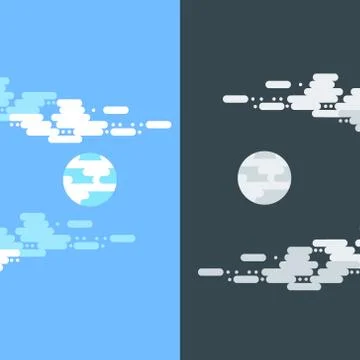 Day and night vector flat illustrations or banners. Sun and Moon. Half day and Stock Illustration