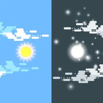 Day and night vector flat illustrations or banners. Sun and Moon. Half day and Stock Illustration