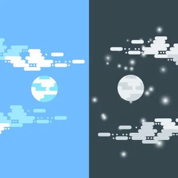 Day and night vector flat illustrations or banners. Sun and Moon. Half day and Illustrazione stock