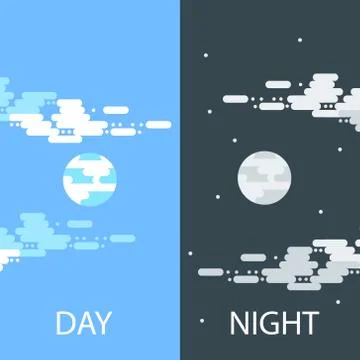 Day and night vector flat illustrations or banners. Sun and Moon. Half day and Stock Illustration