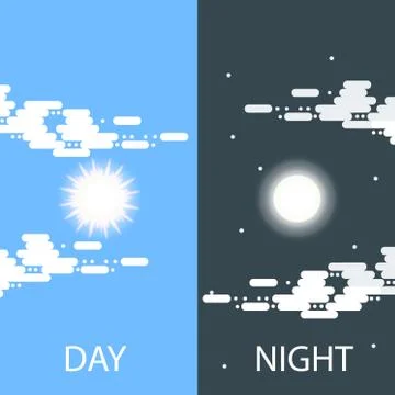 Day and night vector flat illustrations or banners. Sun and Moon. Half day and Illustrazione stock
