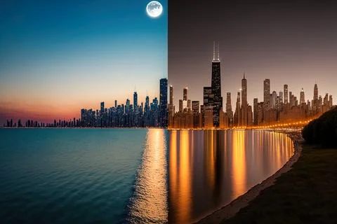 Day and night views of the Chicago skyline. Generative AI Stock Illustration