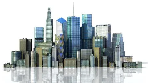 Day city with reflection 3d rendering image on white Illustrazione stock