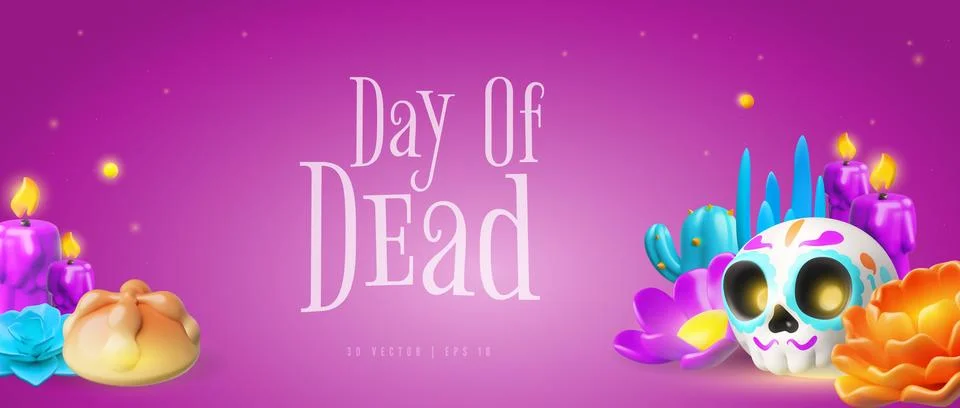Day of the dead 3D vector banner, Mexican Dia de Los Muertos day symbols Stock Illustration