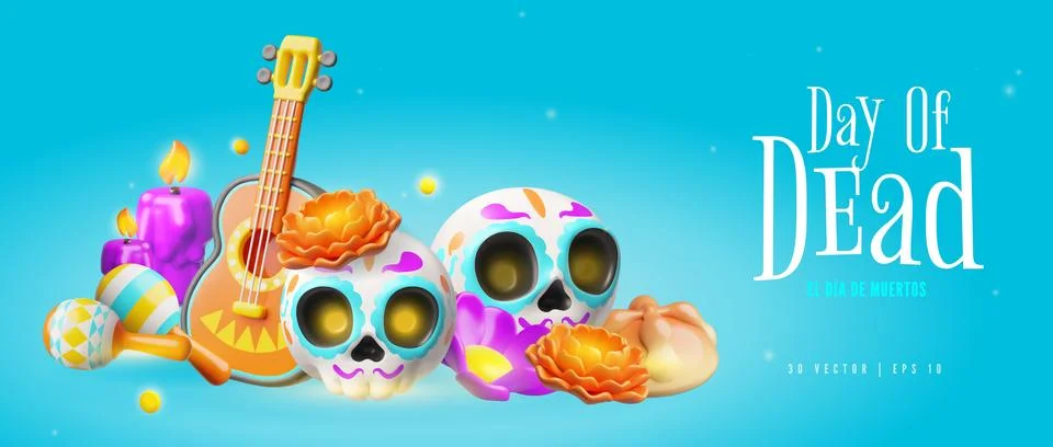 Day of the dead 3D vector banner, Mexican Dia de Los Muertos symbols Calavera Stock Illustration