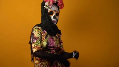 Day of the dead, calavera Catrina dancing, Catrina costume. Stock Footage 250472497