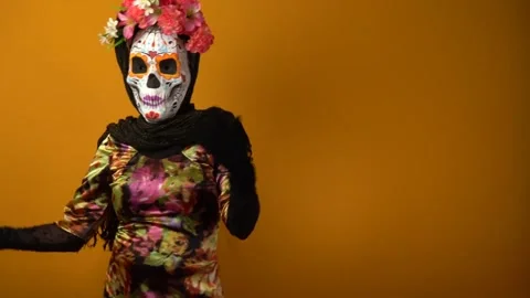 Day of the dead, calavera Catrina dancing, Catrina costume. Stock Footage 250472499