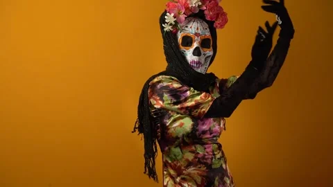 Day of the dead, calavera Catrina dancing, Catrina costume. Stock Footage 250472502