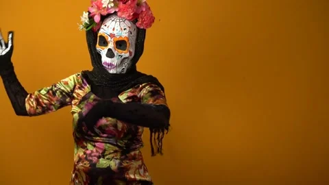 Day of the dead, calavera Catrina dancing, Catrina costume. Stock Footage 250472503