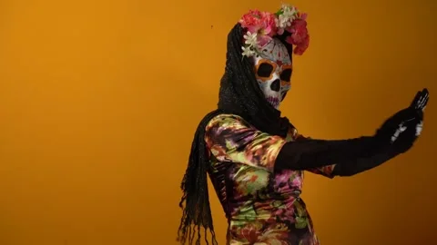 Day of the dead, calavera Catrina dancing, Catrina costume. Stock Footage 250472504