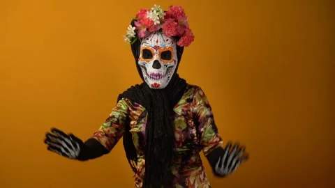 Day of the dead, calavera Catrina dancing, Catrina costume. Stock Footage 250472513