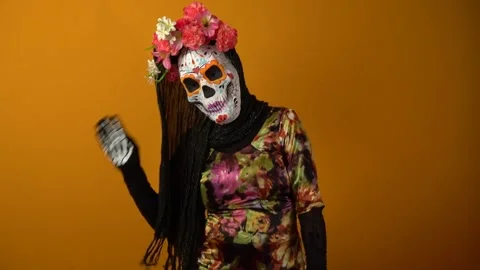 Day of the dead, calavera Catrina dancing, Catrina costume. Stock Footage 250472515