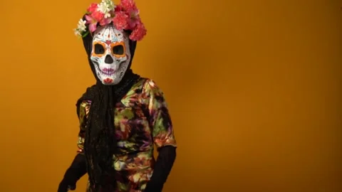 Day of the dead, calavera Catrina dancing, Catrina costume. Stock Footage 250472520