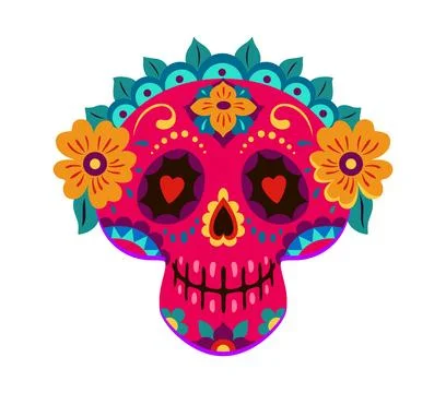 Day of Dead calavera sugar skull in flower wreath Stock Illustration