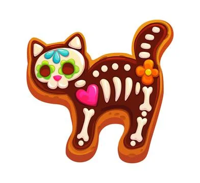 Day of the Dead cartoon cookie with cat skeleton Illustrazione stock