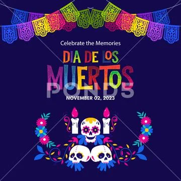 Day of the dead celebration with skulls, candles, and papel picado. PSD Template