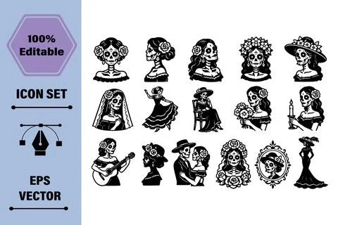 Day of the Dead Celebration Sugar Skull People Icons Set Vector Illustration 库存插图