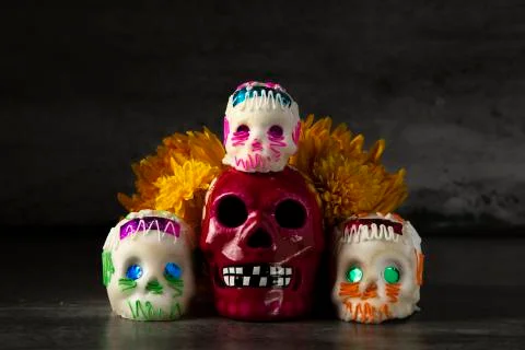 Day of the dead composition, sugar skulls, with black background Stock Photos