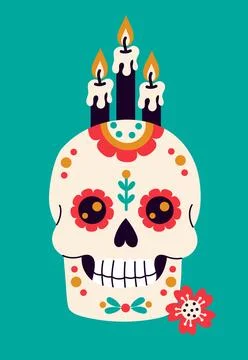 Day of the Dead. Cute Mexican Sugar Skull Calavera with Burning Candles and.. Illustrazione stock