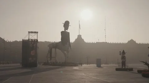 Day of the Dead Día de Los Muertos Gaint Sculptures Zócalo Mexico City Sunrise Stock Footage 256196833
