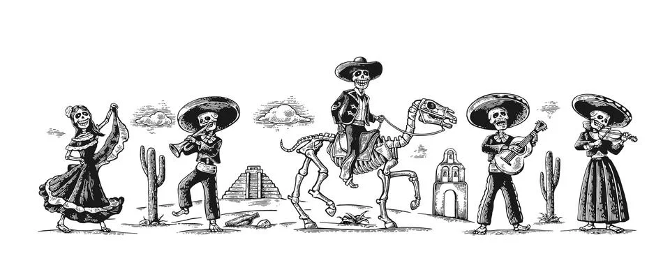 Day of the Dead, Dia de los Muertos. The skeleton in the Mexican national Stock Illustration