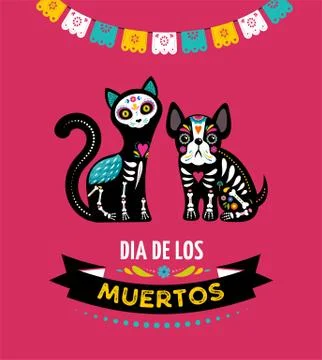 Day of the dead, Dia de los moertos, animals skulls and skeleton decorated with Stock Illustration