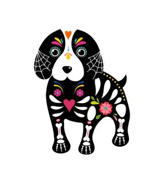 Day of the dead, Dia de los moertos, dogs skull and skeleton decorated with 스톡 일러스트