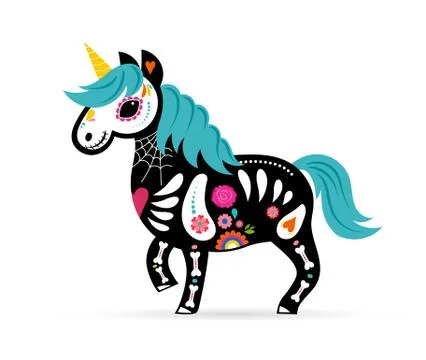 Day of the dead, Dia de los muertos, Unicorn skull and skeleton decorated with 스톡 일러스트