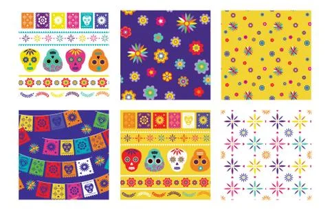 Day of the dead, Dia de los muertos, seamless patterns with traditional colorful Stock Illustration