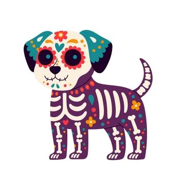 Day of the Dead, Dia de los muertos, dog skull and skeleton decorated with Stock Illustration