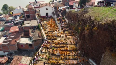 Day of the Dead drone view at Janitzio cemetery, Michoacan Stock Footage 317667369