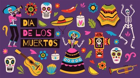 Day of dead elements. Holiday mexican decor, traditional ornaments, sugar skulls Illustrazione stock