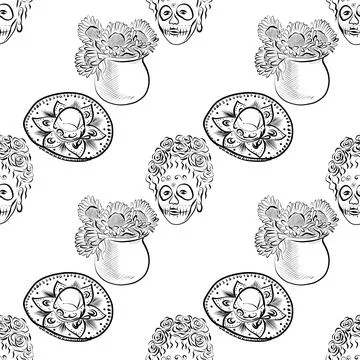 Day of the Dead. Line art illustration of a Mexican festival. Seamless pattern. Stock Illustration