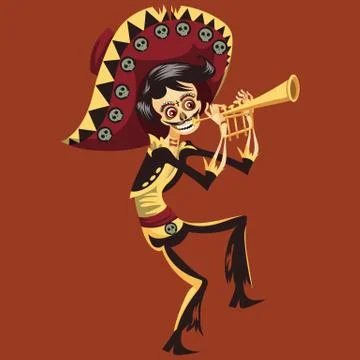 Day of the Dead man skeleton playing on trumpet poster Stock Illustration