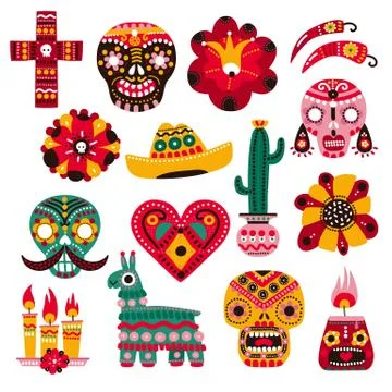 Day of dead. Mexican holiday elements, decorative skull mask, candle and flower Illustrazione stock