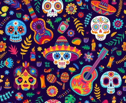 Day of the Dead Mexican seamless pattern, bg Stock Illustration