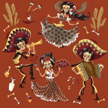 Day of dead Mexican skeleton party set Stock Illustration