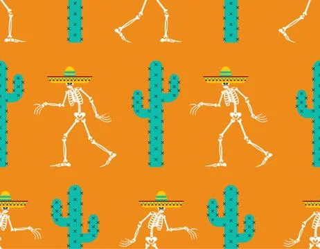 Day of dead in mexico pattern seamless. Skeleton in sombrero background. Stock Illustration