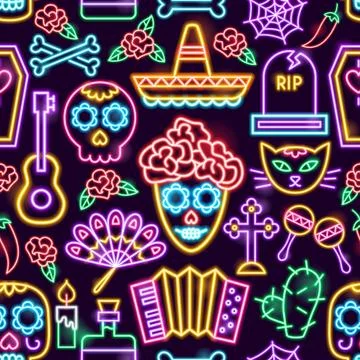 Day of the Dead Neon Seamless Pattern Stock Illustration