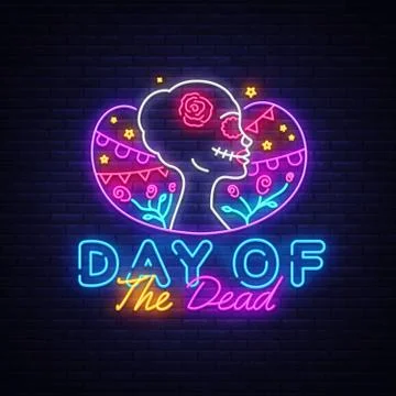 Day of the dead Neon Sign Vector. Dia de los moertos neon banner. Fiesta Stock Illustration