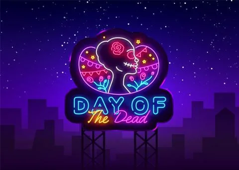 Day of the dead Neon Sign Vector. Dia de los moertos neon banner. Fiesta Stock Illustration